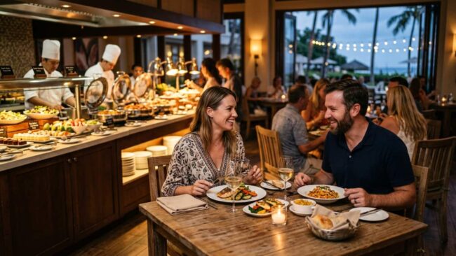 Pareja cenando en el restaurante de un hotel junto a un buffet de comida