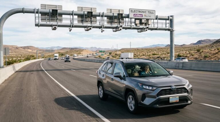 Auto alquilado circula por una autopista de Estados Unidos bajo un sistema de peaje electr&oacute;nico