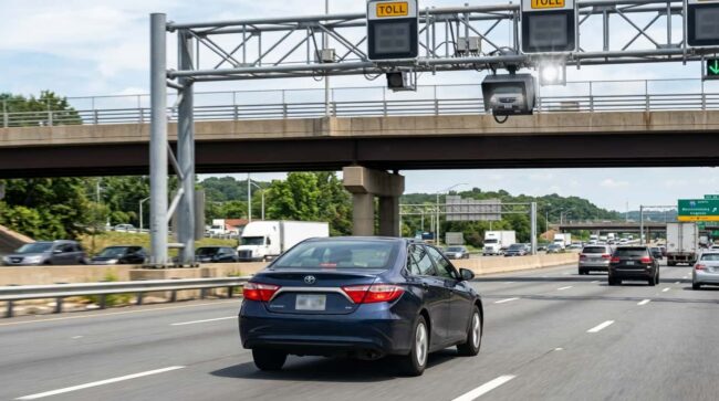 Auto circula bajo un pórtico de peaje electrónico en una autopista de Estados Unidos