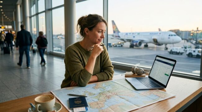 Comparar vuelos y aeropuertos antes de reservar puede ayudar a pagar menos Viajera compara precios de vuelos en una laptop dentro de un aeropuerto con un mapa de viaje sobre la mesa