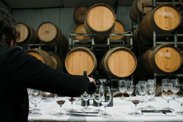 Degustación de vinos en bodegas de Mendoza sin necesidad de conducir Degustación de vinos frente a barricas de madera en una bodega de Mendoza