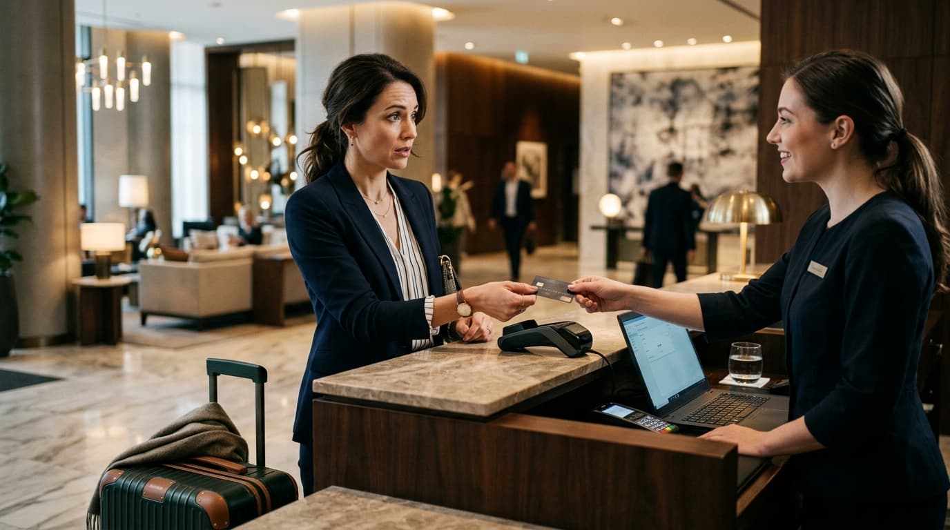 Huésped entrega una tarjeta en la recepción de un hotel durante el check-in para dejar un depósito de garantía