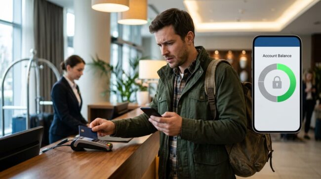 Qué pasa con el dinero bloqueado por el depósito de garantía del hotel Huésped revisa en su teléfono un importe bloqueado en la tarjeta después de dejar el depósito de garantía del hotel