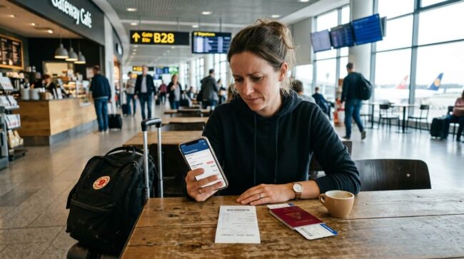 Qué hacer si el depósito del hotel sigue retenido después del check-out Viajera revisa en su teléfono una retención de dinero mientras espera su vuelo en el aeropuerto