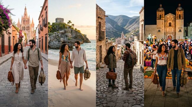 Destinos para viajar durante los puentes de México 2027 Pareja visita ciudades coloniales, playas y destinos culturales de México durante distintas escapadas