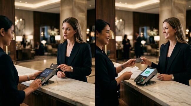 Cuándo devuelven el depósito de garantía de un hotel Huésped entrega su tarjeta en la recepción de un hotel y luego la recibe tras completar el proceso de pago