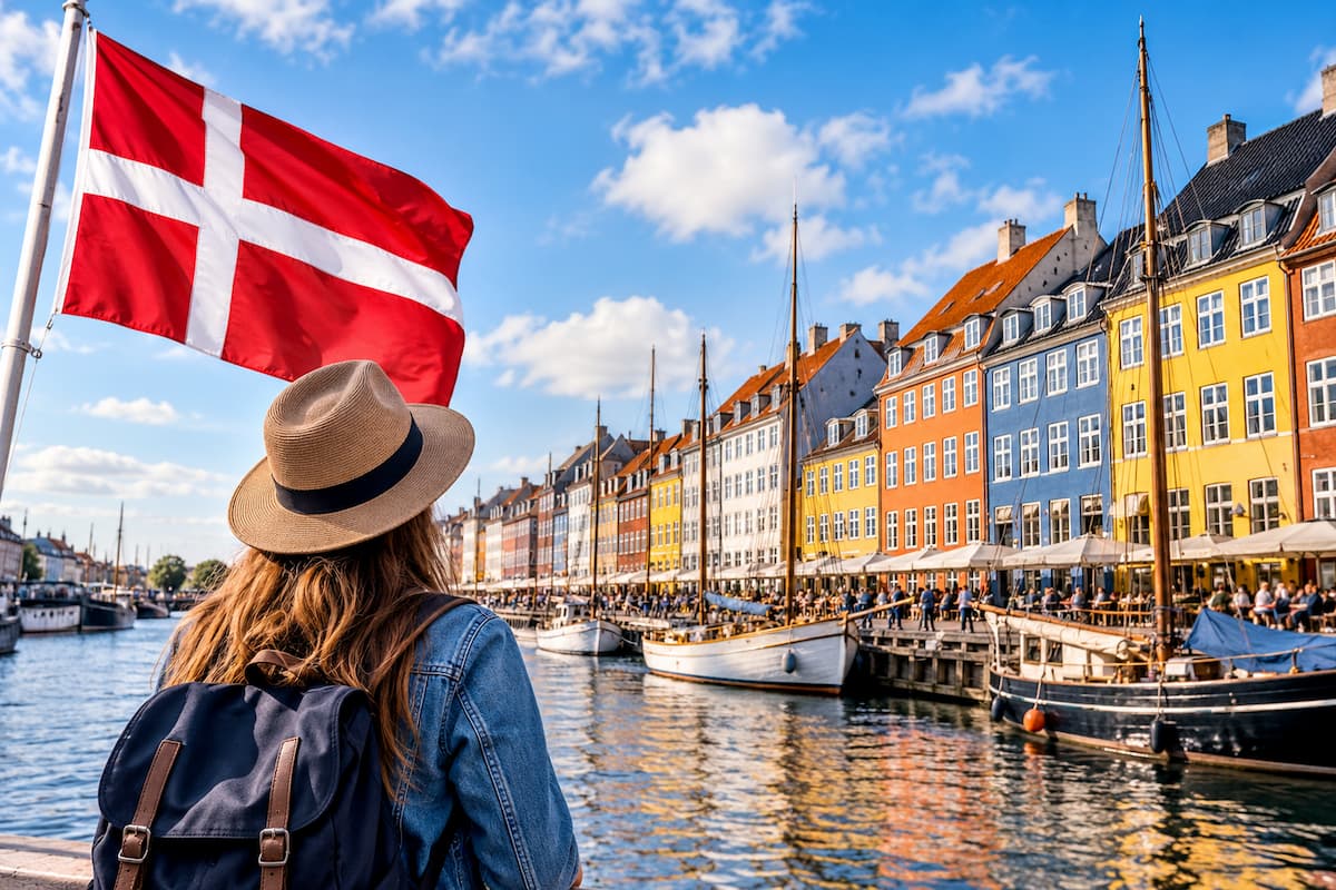 Joven viajera frente al canal Nyhavn en Copenhague, Dinamarca, país que abrió nuevos cupos Working Holiday para argentinos en 2026.