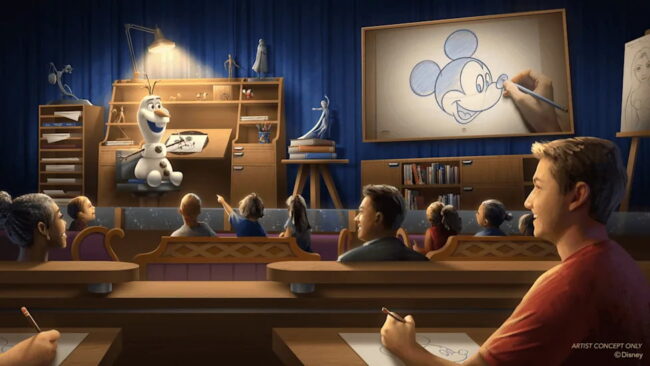 Experiencia de Disney Animation en Hollywood Studios con Mickey Mouse y Olaf en una sala de dibujo