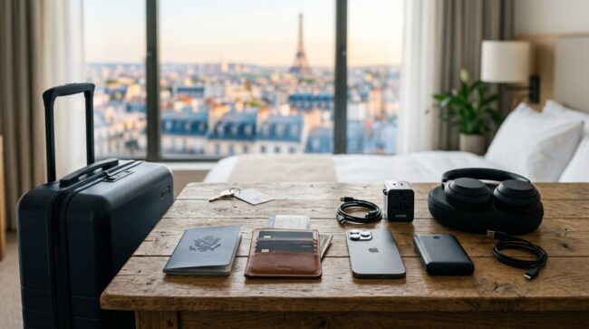 Pasaporte, tarjetas, teléfono, batería externa, adaptador y auriculares junto a una maleta para un viaje de 7 días