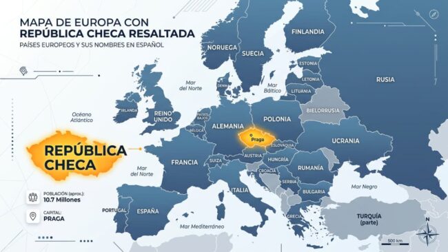 Mapa de Europa con Chequia, también conocida como República Checa, resaltada y Praga señalada como capital