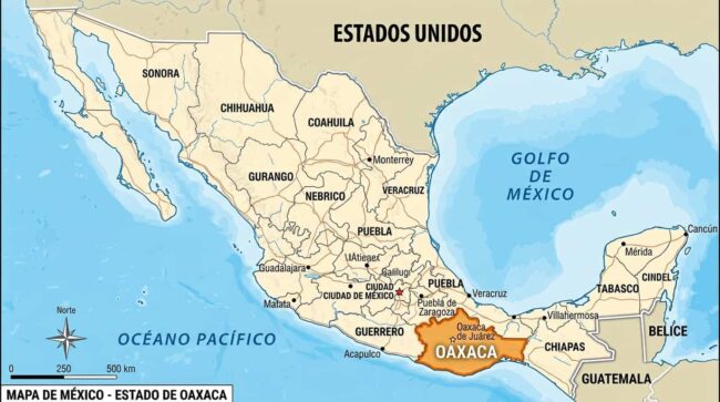 Mapa de México con el estado de Oaxaca resaltado en el sur del país y Oaxaca de Juárez señalada