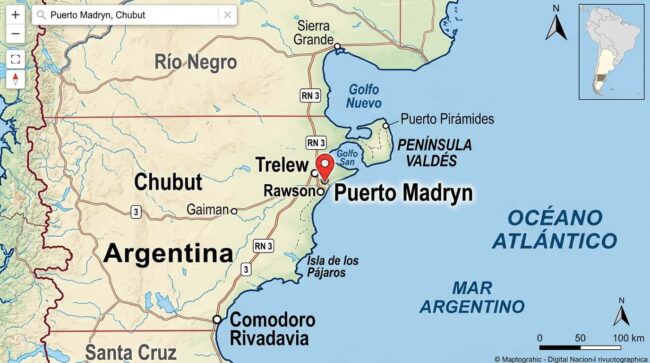 Mapa de Chubut que muestra la ubicación de Puerto Madryn, Península Valdés, Trelew y Rawson en la Patagonia argentina
