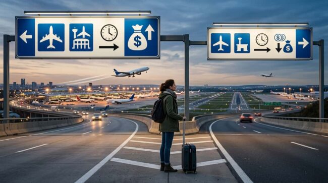 Elegir otro aeropuerto puede reducir el precio de un vuelo Viajera frente a dos accesos de aeropuerto mientras compara opciones para encontrar vuelos más baratos