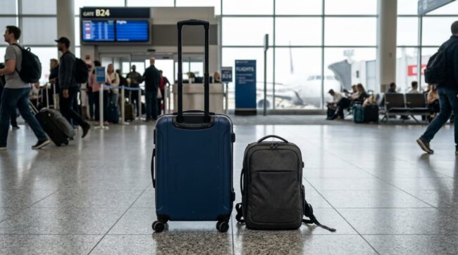 Diferencia entre equipaje de mano y artículo personal Maleta de cabina y mochila en un aeropuerto para comparar equipaje de mano y artículo personal