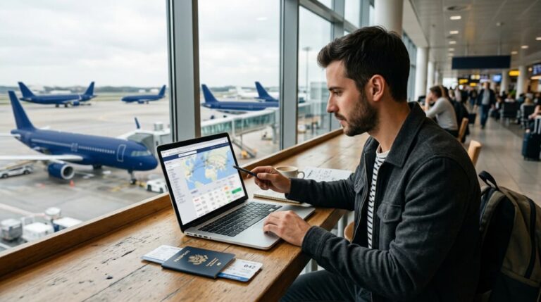 Viajero compara precios de vuelos en una laptop dentro de un aeropuerto con aviones al fondo