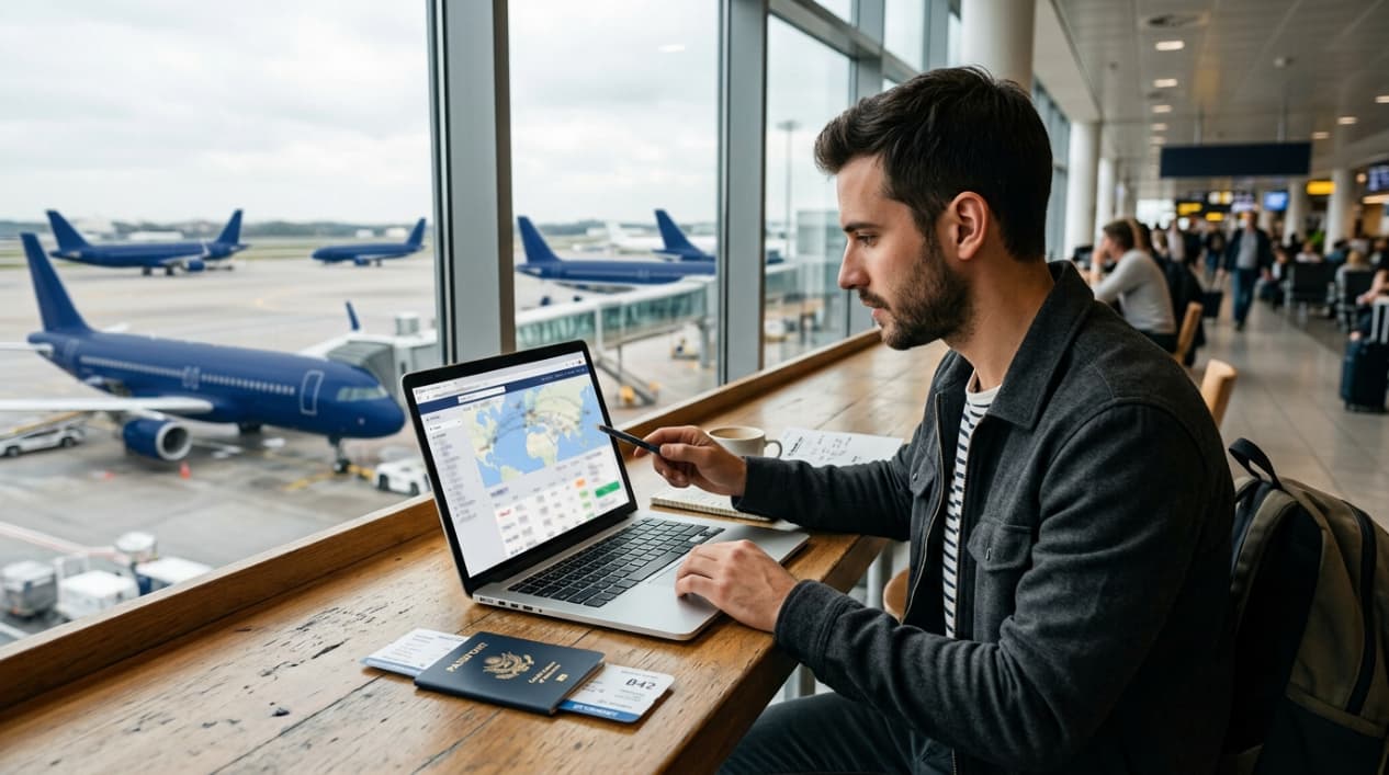 Viajero compara precios de vuelos en una laptop dentro de un aeropuerto con aviones al fondo