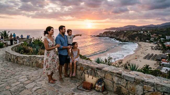 Escapadas a la playa durante los puentes de México 2027 Familia contempla una playa de México al atardecer durante una escapada de fin de semana largo