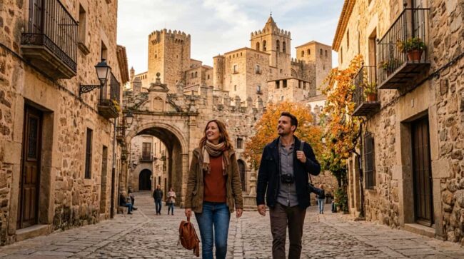 Escapadas a pueblos y ciudades históricas en los puentes de España 2027 Pareja recorre un casco histórico de España durante una escapada de otoño