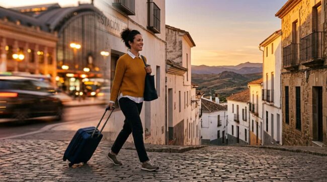 Escapadas para aprovechar los puentes de España en 2027 Viajera con maleta recorre un pueblo español durante una escapada de fin de semana
