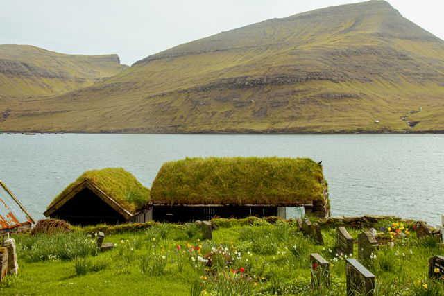 Islas Feroe: naturaleza y paisajes para viajar en 2026 Casas tradicionales con techos de césped junto a un fiordo y montañas en las Islas Feroe