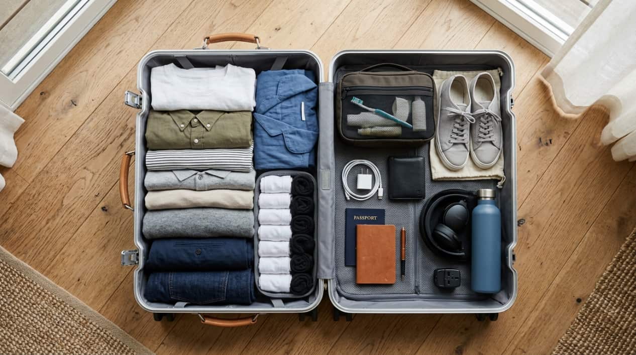 Maleta organizada con ropa, calzado, artículos de higiene y accesorios para un viaje de 7 días