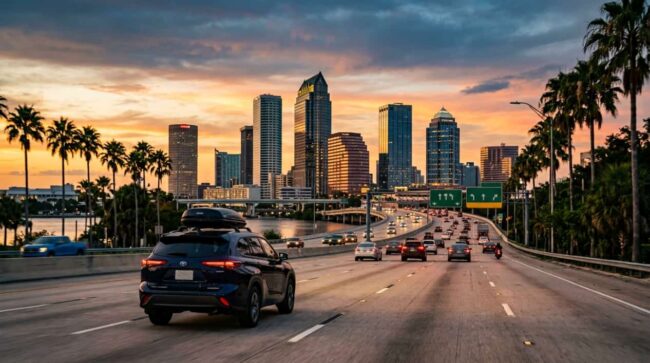 Auto circula por una autopista al llegar a Tampa con el centro de la ciudad al fondo