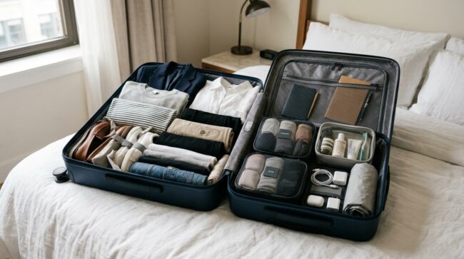Maleta abierta y organizada con ropa, accesorios, artículos de higiene y tecnología para un viaje de 7 días