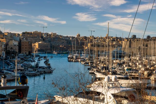 Puerto deportivo de Malta con embarcaciones y vista urbana de la ciudad al fondo