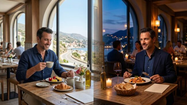 Huésped desayunando y cenando en el restaurante de un hotel como ejemplo de régimen de media pensión.