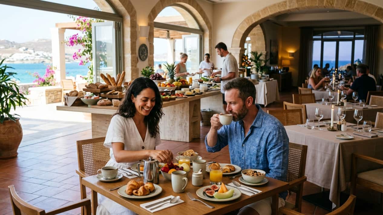 Pareja desayunando en el restaurante de un hotel con buffet de comida al fondo