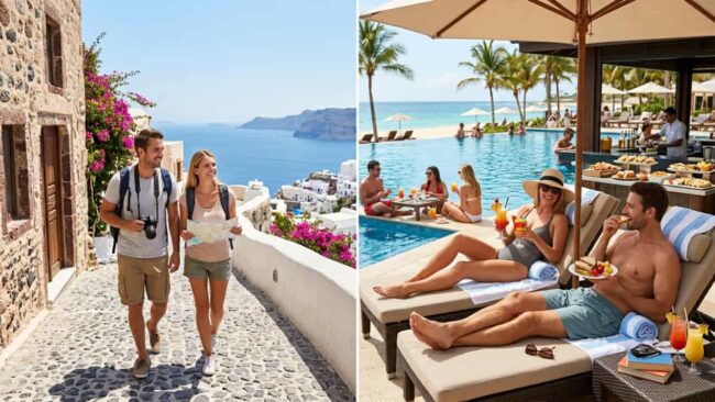 Parejas de vacaciones comparando una escapada turística con una estancia en un hotel con piscina y comidas incluidas.