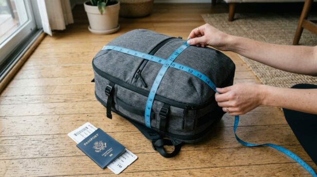 Cómo medir una mochila para usarla como artículo personal en el avión Persona mide una mochila con cinta métrica para comprobar las medidas del artículo personal antes de volar