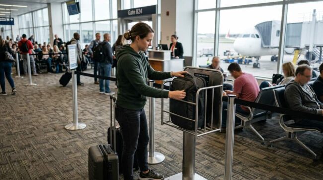 Cómo comprobar si una mochila cumple las medidas de artículo personal Viajera comprueba si su mochila cabe en el medidor de equipaje antes de embarcar en un avión