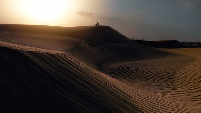 Dunas del desierto de Marruecos al atardecer con la silueta de un camello en el horizonte