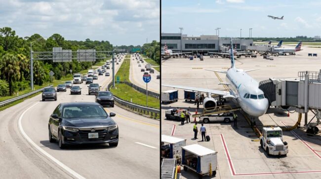 Comparación entre viajar en auto por la I-75 y volar entre Miami y Tampa