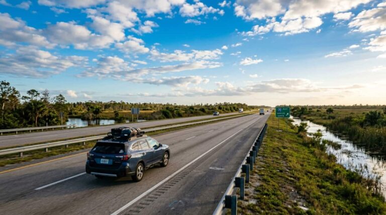 Auto circula por una autopista de Florida en la ruta entre Miami y Tampa