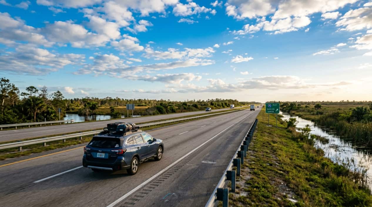 Auto circula por una autopista de Florida en la ruta entre Miami y Tampa