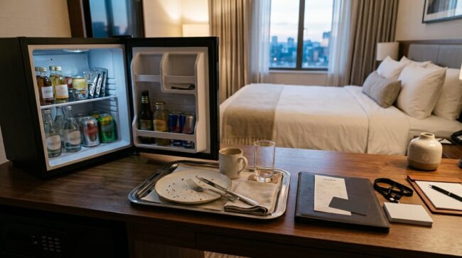 Cargos del minibar que pueden descontarse del depósito de garantía del hotel Minibar abierto en una habitación de hotel junto a una bandeja, recibo y tarjeta