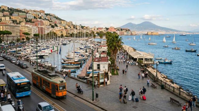 Paseo marítimo de Nápoles con puerto deportivo, veleros y el Vesubio al fondo