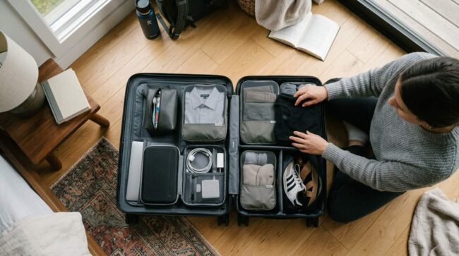 Persona organiza una maleta con ropa, neceser, cargadores y calzado para un viaje de 7 días