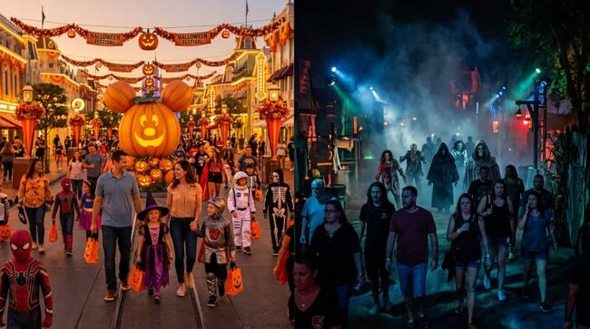Halloween en Orlando 2026: Disney, Universal y eventos para todas las edades Comparación entre un Halloween familiar en un parque temático de Orlando y una experiencia nocturna de terror