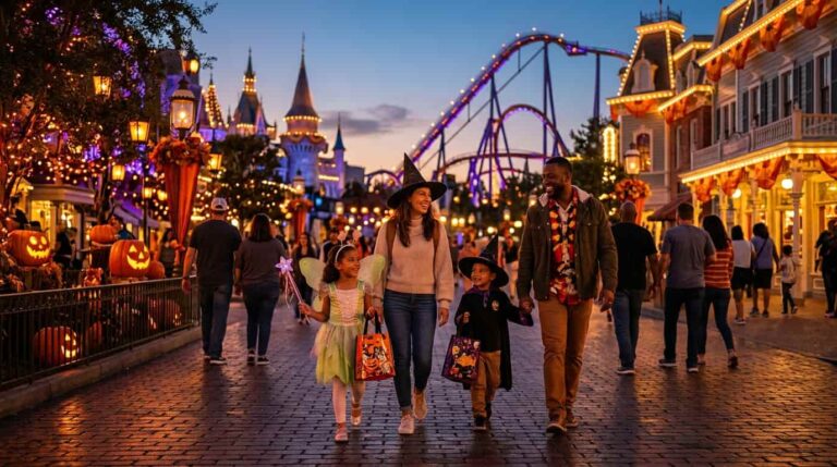 Familia con ni&ntilde;os disfrazados disfruta de un parque tem&aacute;tico decorado para Halloween en Orlando