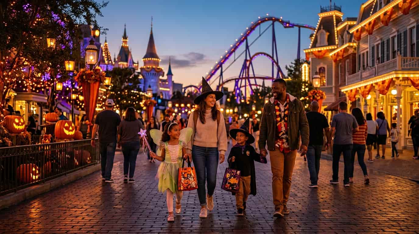 Familia con niños disfrazados disfruta de un parque temático decorado para Halloween en Orlando