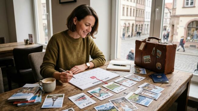 Viajera organiza escapadas sobre un calendario de 2027 junto a una maleta y fotos de destinos