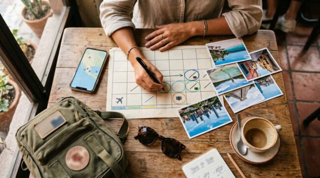 Cómo planificar viajes durante los puentes de México 2027 Viajera planifica escapadas en un calendario junto a un mapa de México, mochila y fotos de destinos