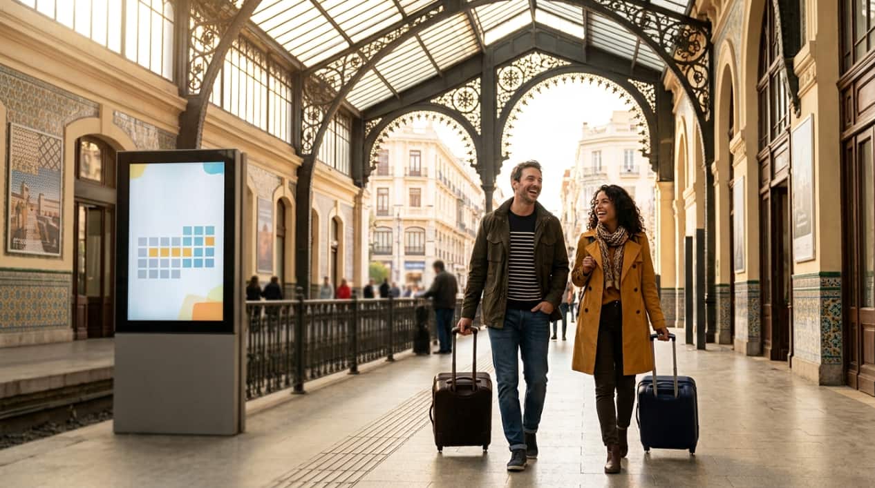 Pareja con maletas camina por una estación de tren en España durante un viaje