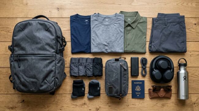 Qué llevar en el artículo personal para viajar en avión Ropa, documentos y accesorios preparados junto a una mochila para viajar solo con artículo personal
