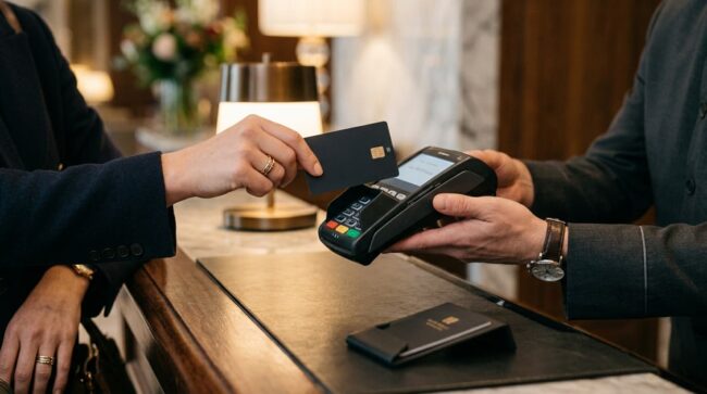 Cómo se cobra o bloquea el depósito de garantía de un hotel Huésped aproxima una tarjeta al terminal de pago de un hotel para dejar el depósito de garantía