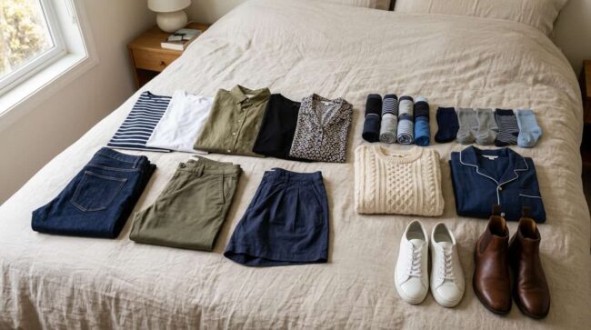 Ropa y calzado organizados sobre una cama para preparar la maleta de un viaje de 7 días