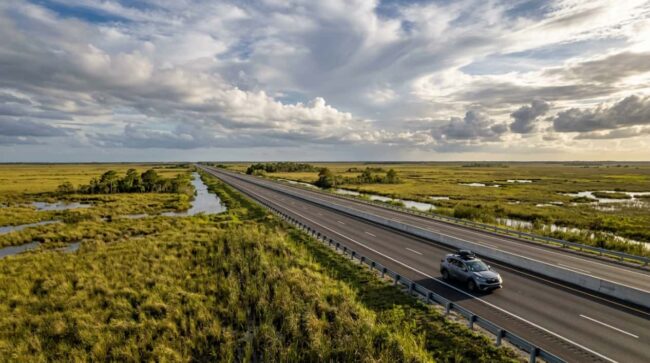 Auto circula por una autopista de Florida rodeada de humedales en el trayecto entre Miami y Tampa
